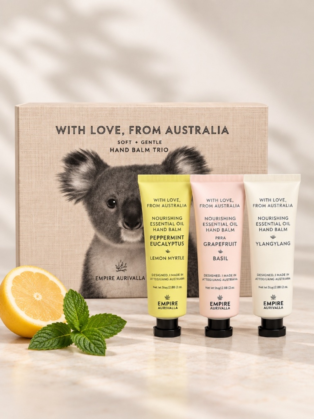 Empire Australia Hand Balm Trio Gift Set Koala Box 3pc Essential Oils Shea